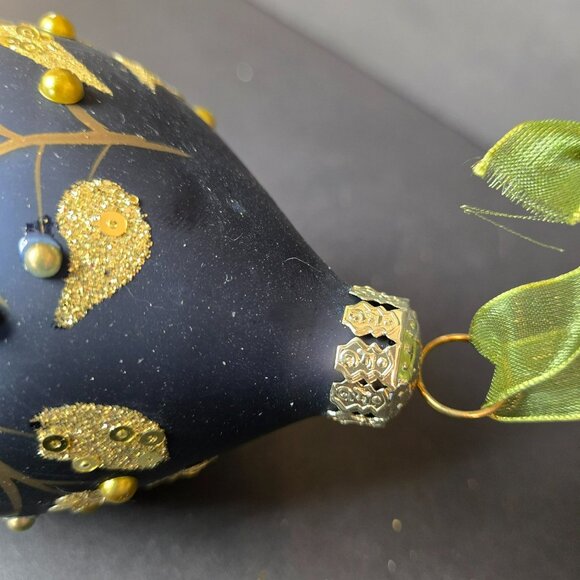 Frontgate Gold Leaf Blue Teardrop Glass Christmas Ornament Hand Decorated - Picture 6 of 8